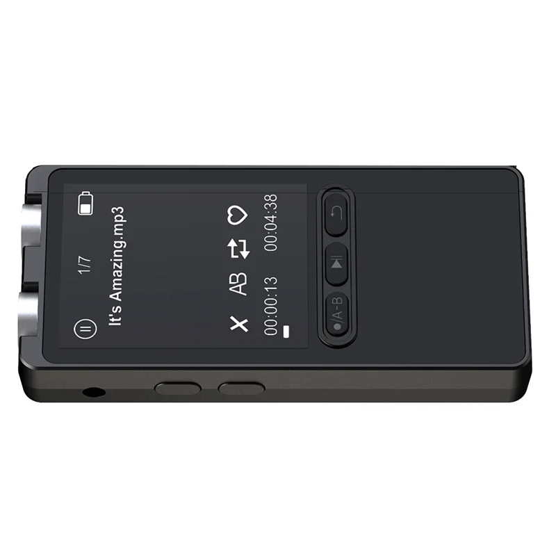 Black rectangular digital sound recorder with touchscreen display and side buttons integrated in elect mp3 player pen