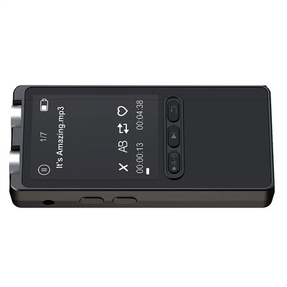 Black rectangular digital sound recorder with touchscreen display and side buttons integrated in elect mp3 player pen