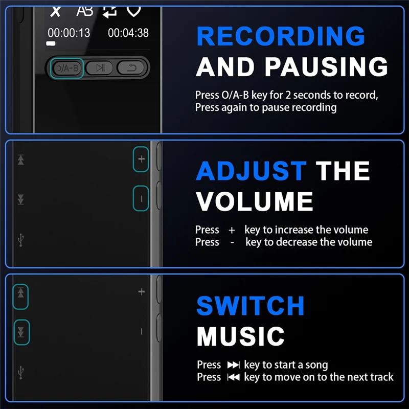 Black digital sound recorder panel with blue illuminated buttons for recording volume and music on dictaphone mic denoise device