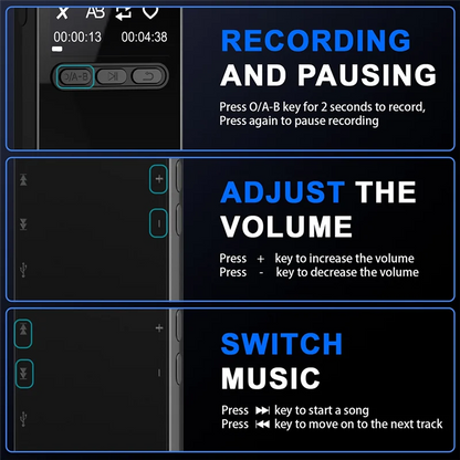 Black digital sound recorder panel with blue illuminated buttons for recording volume and music on dictaphone mic denoise device