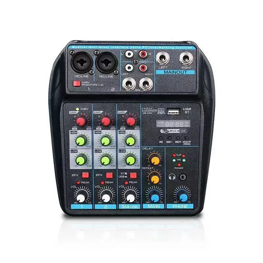 Black compact usb audio mixer console with colorful knobs and bluetooth recording capabilities for dj and pc mixing