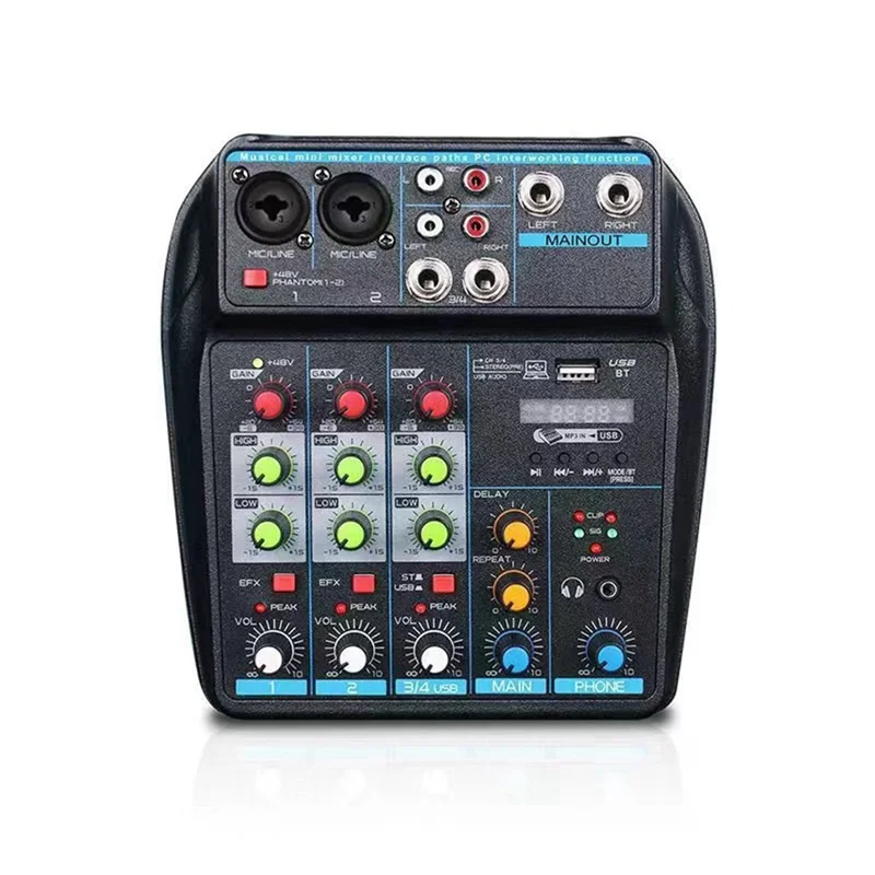Black compact usb audio mixer console with colorful knobs and bluetooth recording capabilities for dj and pc mixing