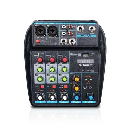 Black compact usb audio mixer console with colorful knobs and bluetooth recording capabilities for dj and pc mixing