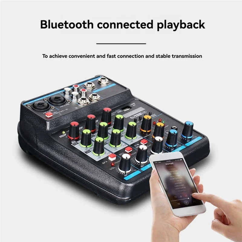Black usb audio mixer console with colorful knobs and bluetooth recording capabilities for professional dj use