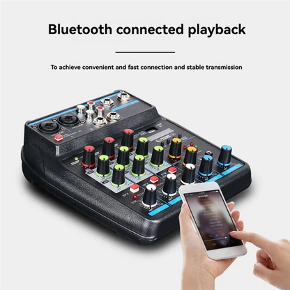 Black usb audio mixer console with colorful knobs and bluetooth recording capabilities for professional dj use