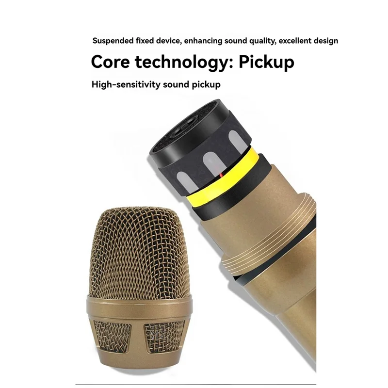 Gold-colored dynamic studio microphone wired handheld with mesh grille black accents and yellow ring for anti-howling