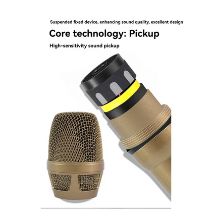 Gold-colored dynamic studio microphone wired handheld with mesh grille black accents and yellow ring for anti-howling