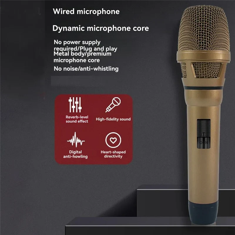 Gold-colored dynamic studio microphone wired handheld with metallic mesh grille and black base for professional use