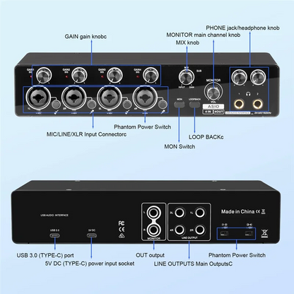 Black usb audio interface with four xlr inputs two headphone outputs and type-c port support mic preamplifier asio sound card