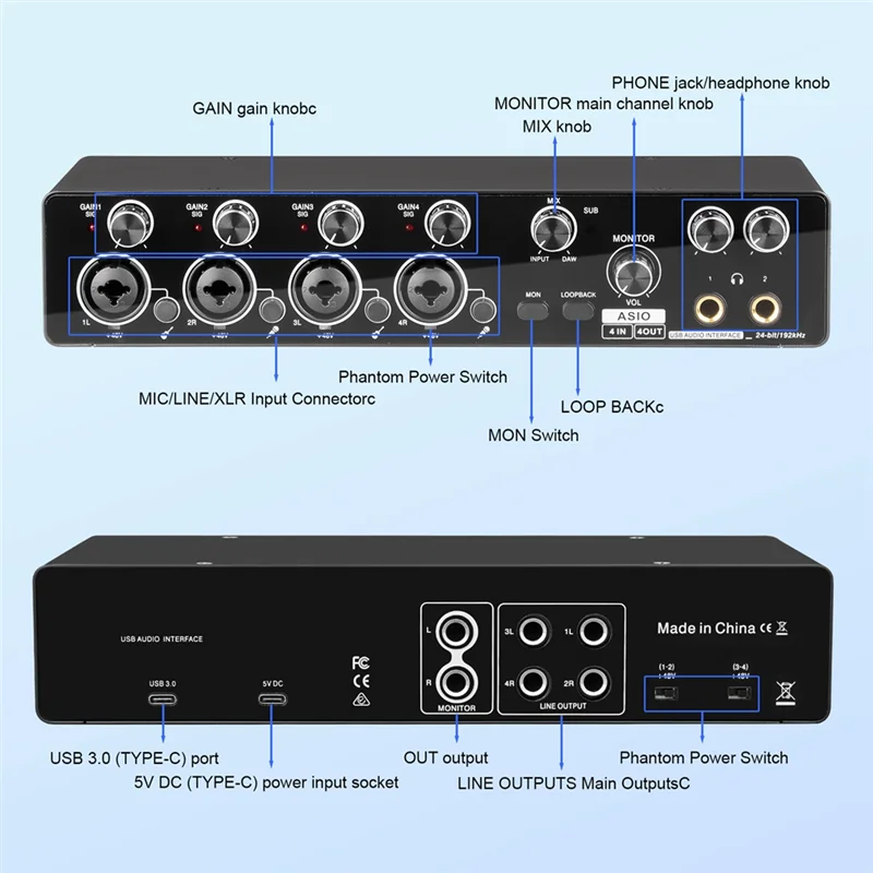 Black usb audio interface sound card asio with four xlr inputs two headphone outputs and type-c port for live recording