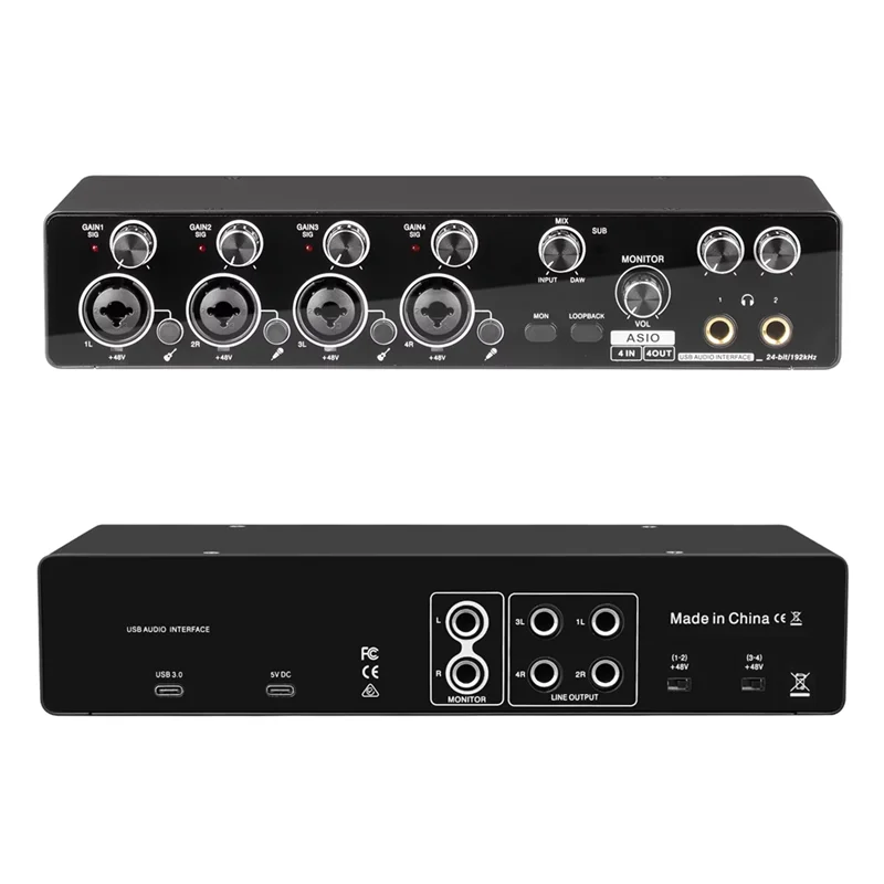 Black electr professional usb audio interface with four xlr inputs two headphone jacks usb-c port support mic preamplifier