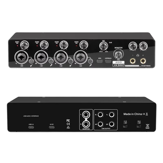Black electr professional usb audio interface with four xlr inputs two headphone jacks usb-c port support mic preamplifier