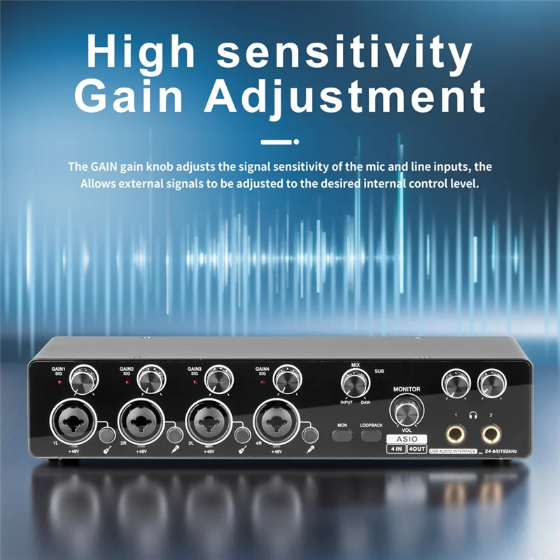 Black usb audio interface with four xlr inputs two 1/4-inch outputs usb port sound card asio support mic preamplifier