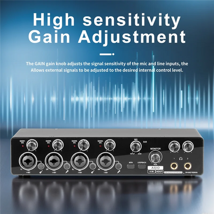 Black usb audio interface with four xlr inputs two 1/4-inch outputs usb port sound card asio support mic preamplifier