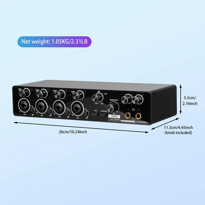 Black usb audio interface with multiple input output jacks and knobs sound card asio support mic preamplifier for studio recording