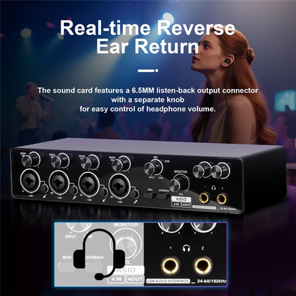 Black usb audio interface with multiple jacks and knobs for real-time reverse ear return support mic preamplifier and asio sound card features