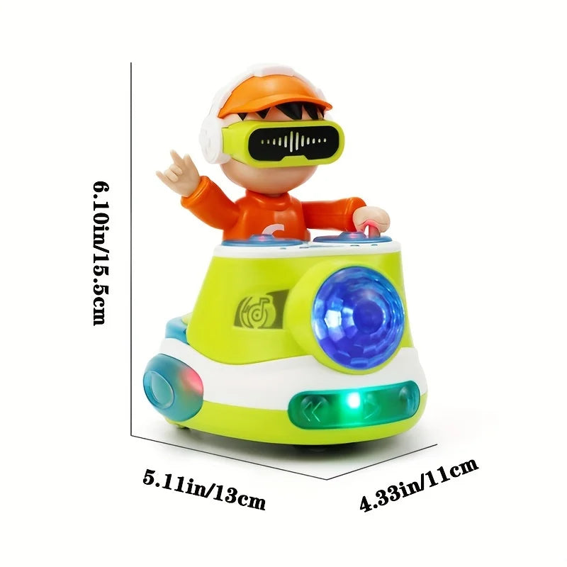A bright lime green and white electric dancing dj boy toy with a cartoon driver for thanksgiving halloween gifts and bouncing beat play