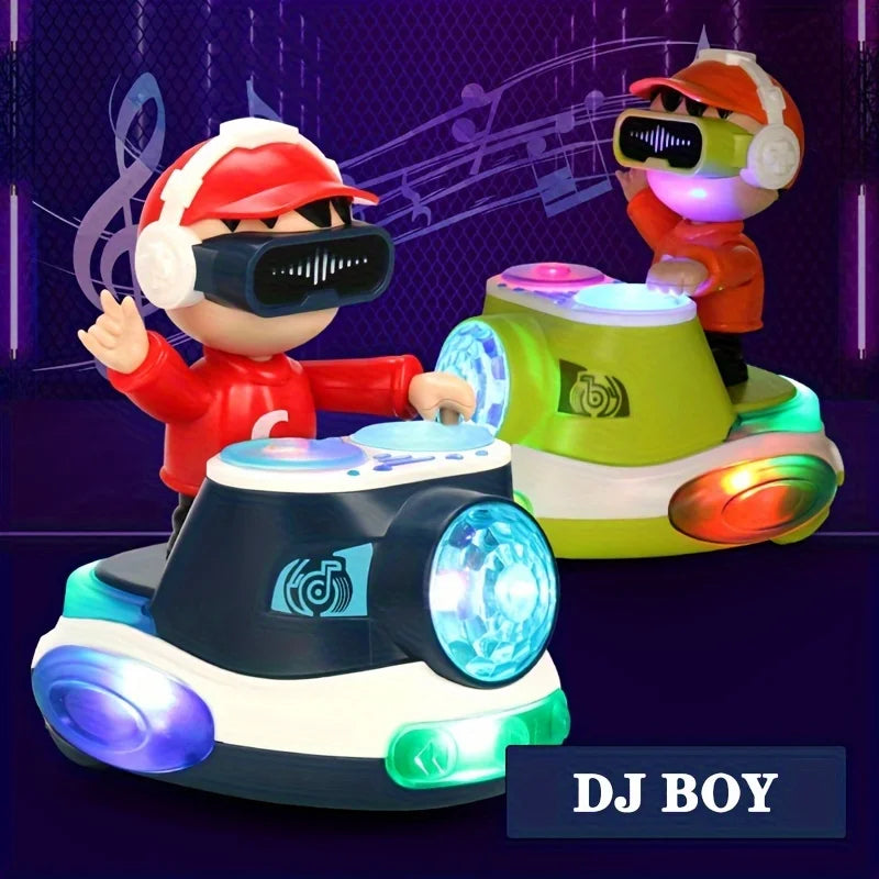 Two colorful illuminated dancing dj boy toy cars with cartoon figures wearing headphones and vr goggles for thanksgiving halloween gifts bouncing beat