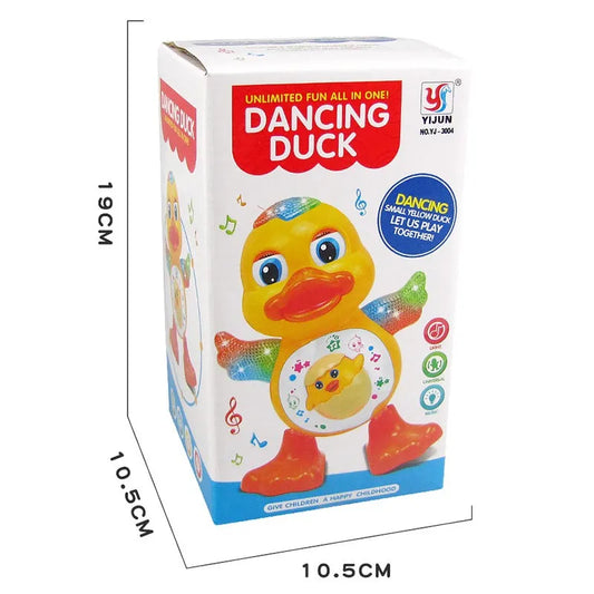 Yellow plastic electric dancing duck toy with rainbow glittery wings and interactive music button on belly