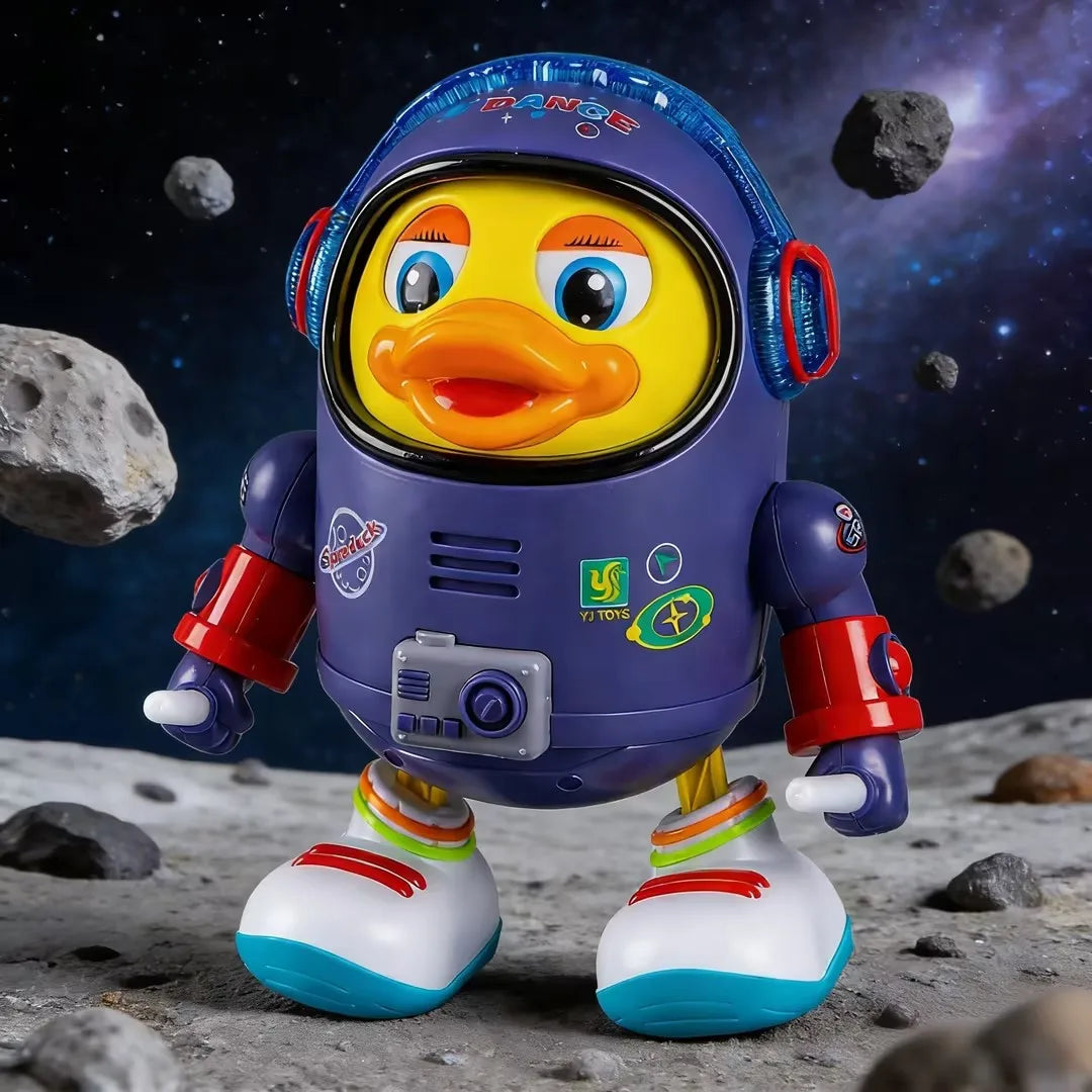 A cheerful yellow duck toy in a purple astronaut suit with music and lights dancing space duck for children