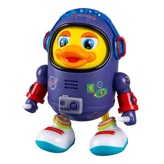Electric dancing space duck toy with purple and blue astronaut design, red accents, yellow face, and music and lights features