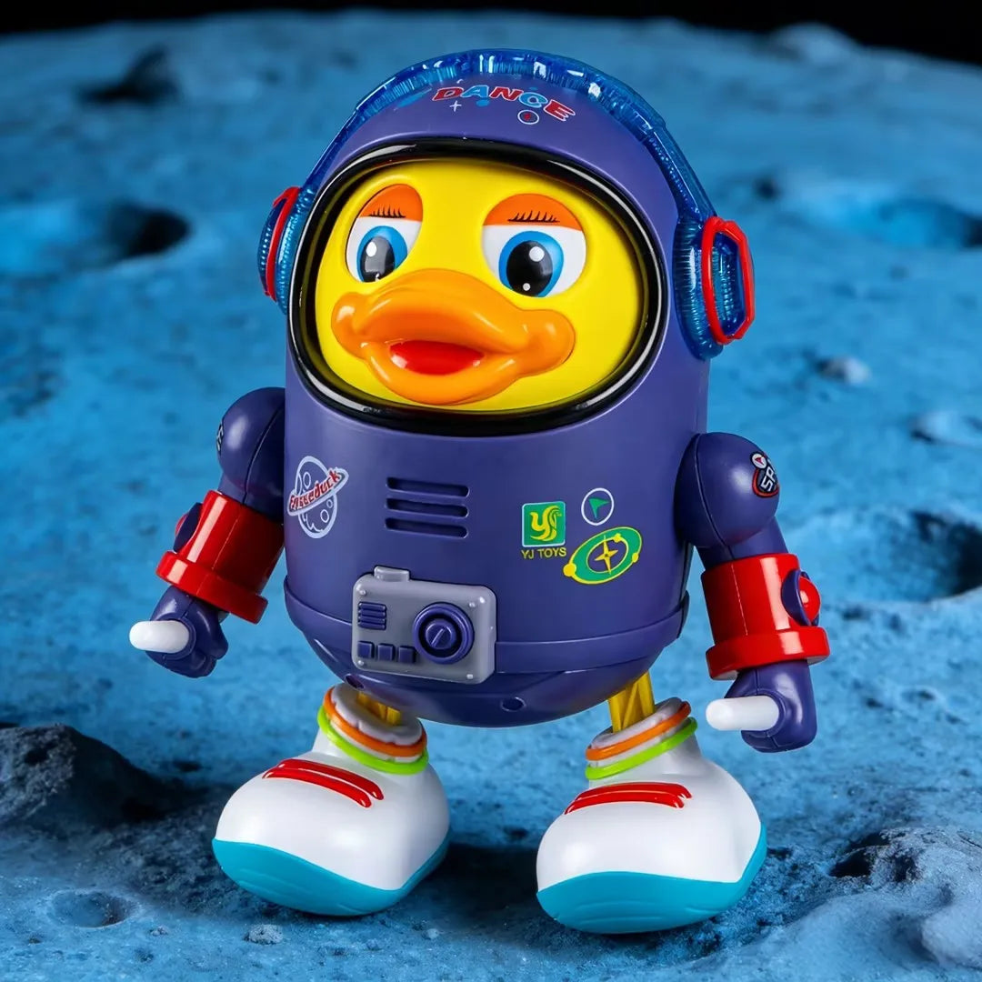 Electric dancing space duck toy in purple and yellow with transparent helmet white boots and red accents for children