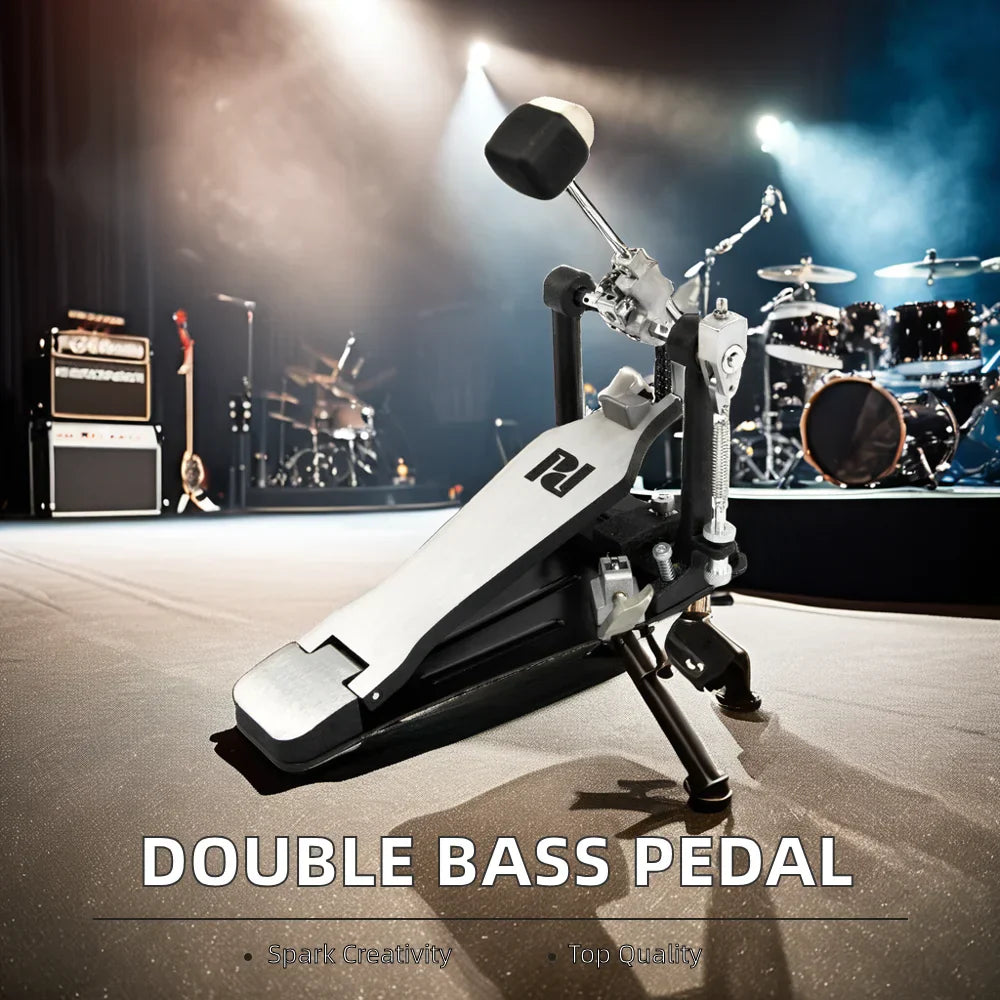 Black and silver double bass pedal with sleek sturdy design for electric drum set 5 drums 3 cymbals music training