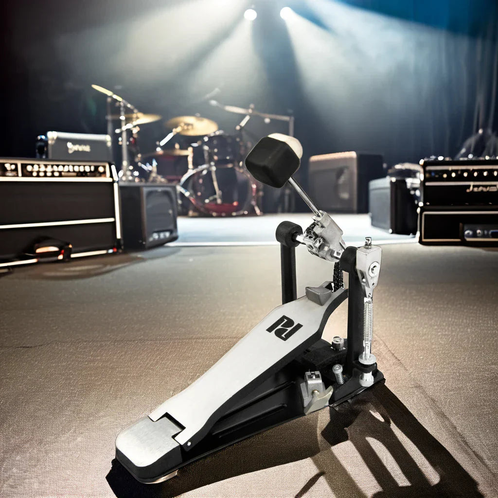 Black and silver pedal with black footrest featuring pz logo for electric drum set 5 drums 3 cymbals mesh head kit