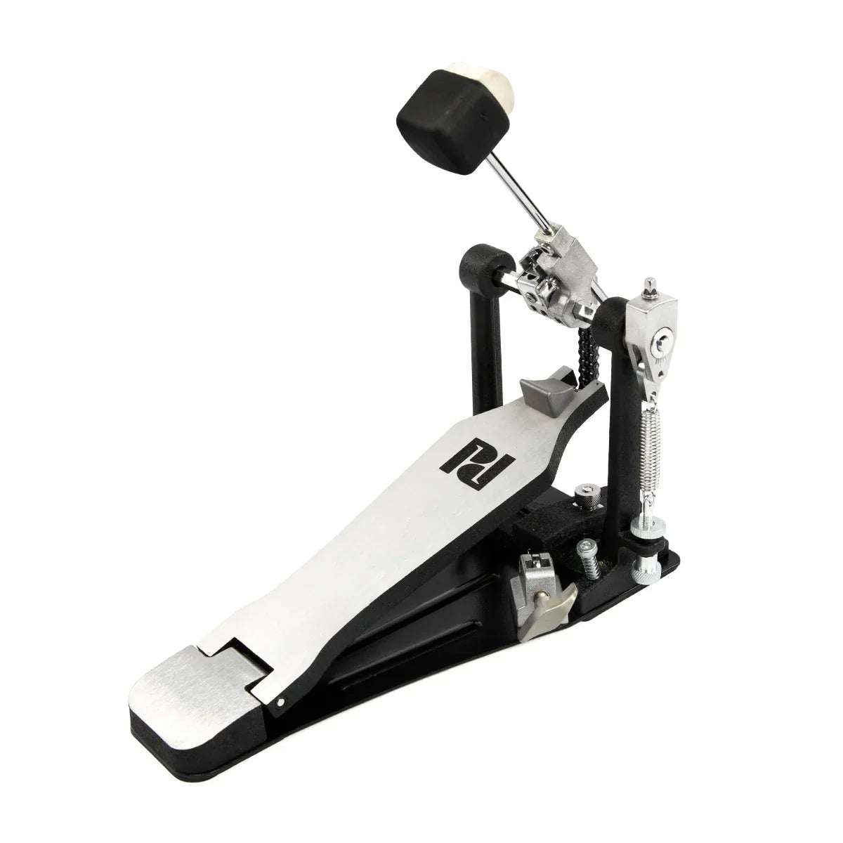 Black and silver drum pedal with white footplate and p logo for electric drum set with mesh heads for beginners
