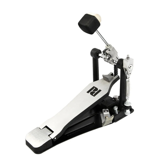 Black and silver drum pedal with white footplate and p logo for electric drum set with mesh heads for beginners