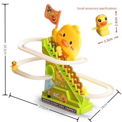 Bright green and white electric duck climbing toy with yellow duck and orange flag on music roller coaster track slide
