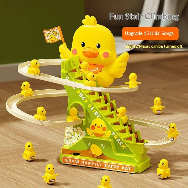 Bright yellow electric duck climbing toy with green plastic coaster track slide featuring led lights and music features