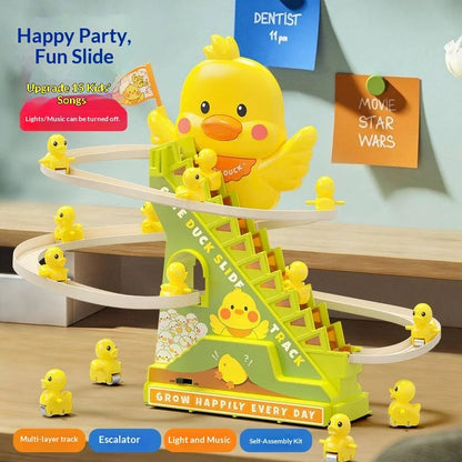 Bright yellow electric duck climbing toy with led lights music roller coaster and multiple rubber ducks on coaster track slide