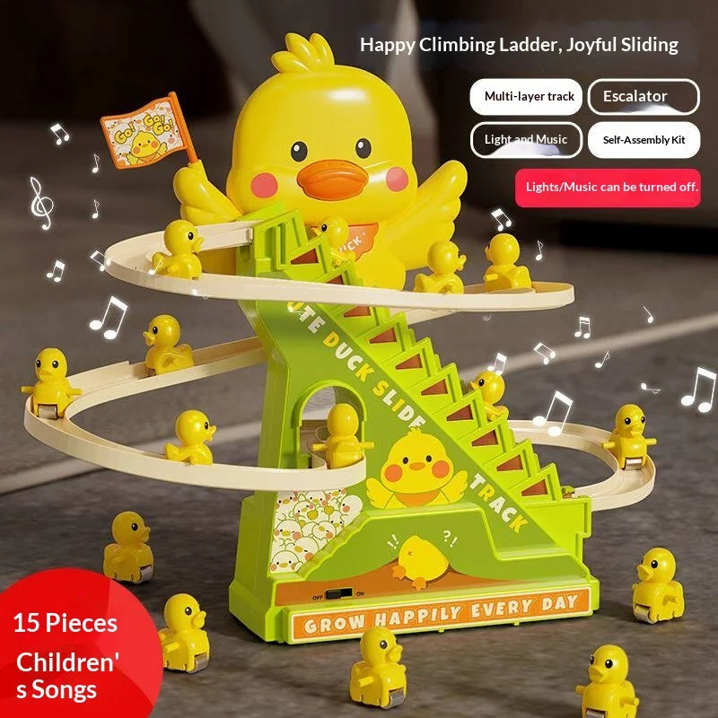 Bright yellow electric duck climbing toy with led lights music roller coaster and green coaster track slide base