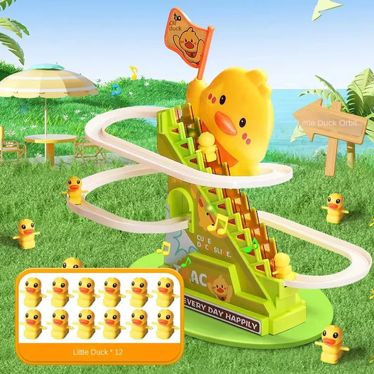 Bright yellow electric duck climbing toy on a green and white music roller coaster track slide for kids interactive play