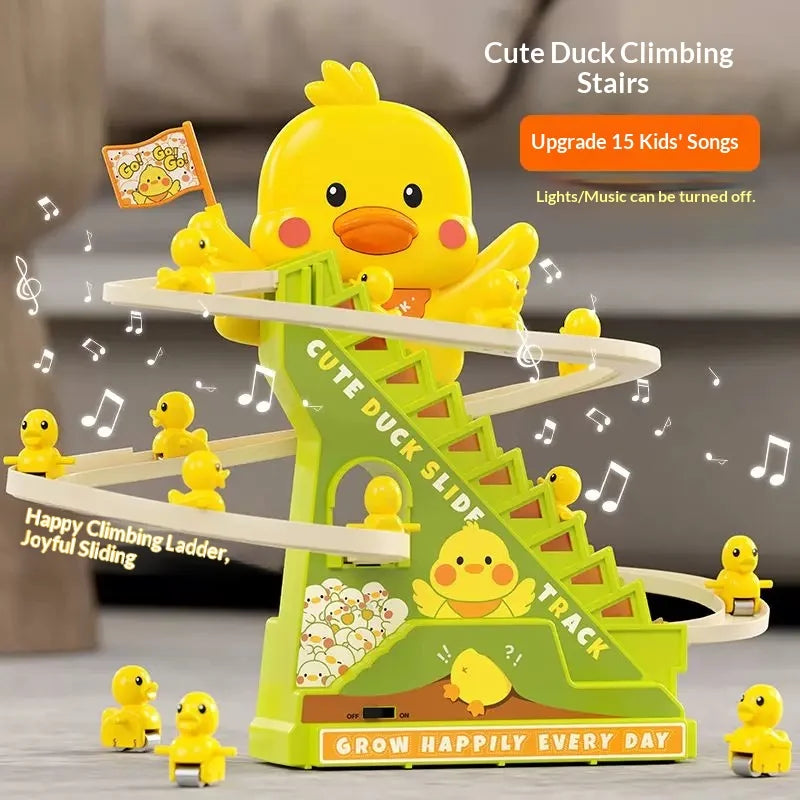 Yellow plastic electric duck climbing toy with music roller coaster track slide and led lights for parent-child play