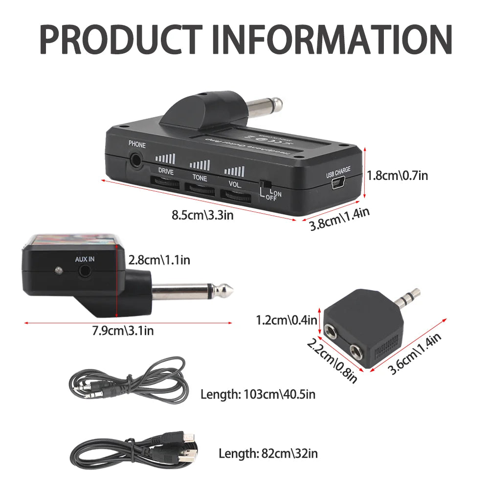 Black plastic electric guitar headphone amplifier pedal with drive tone and vol controls, heavy metal usb rechargeable battery mini