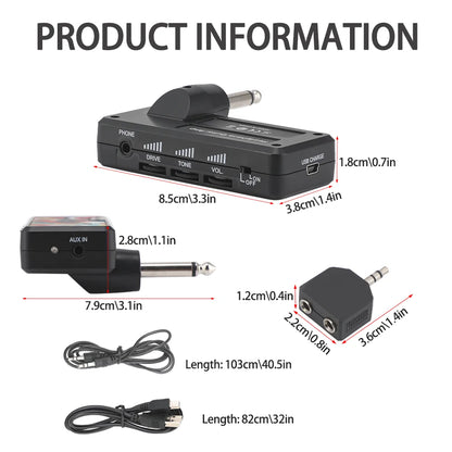 Black plastic electric guitar headphone amplifier pedal with drive tone and vol controls, heavy metal usb rechargeable battery mini