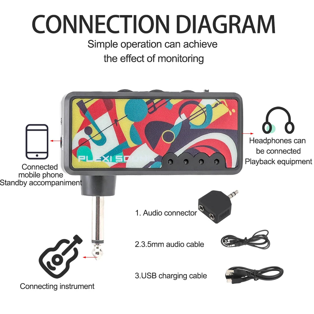 Colorful abstract-patterned electric guitar headphone amplifier with black casing and metallic input jack, rechargeable battery mini