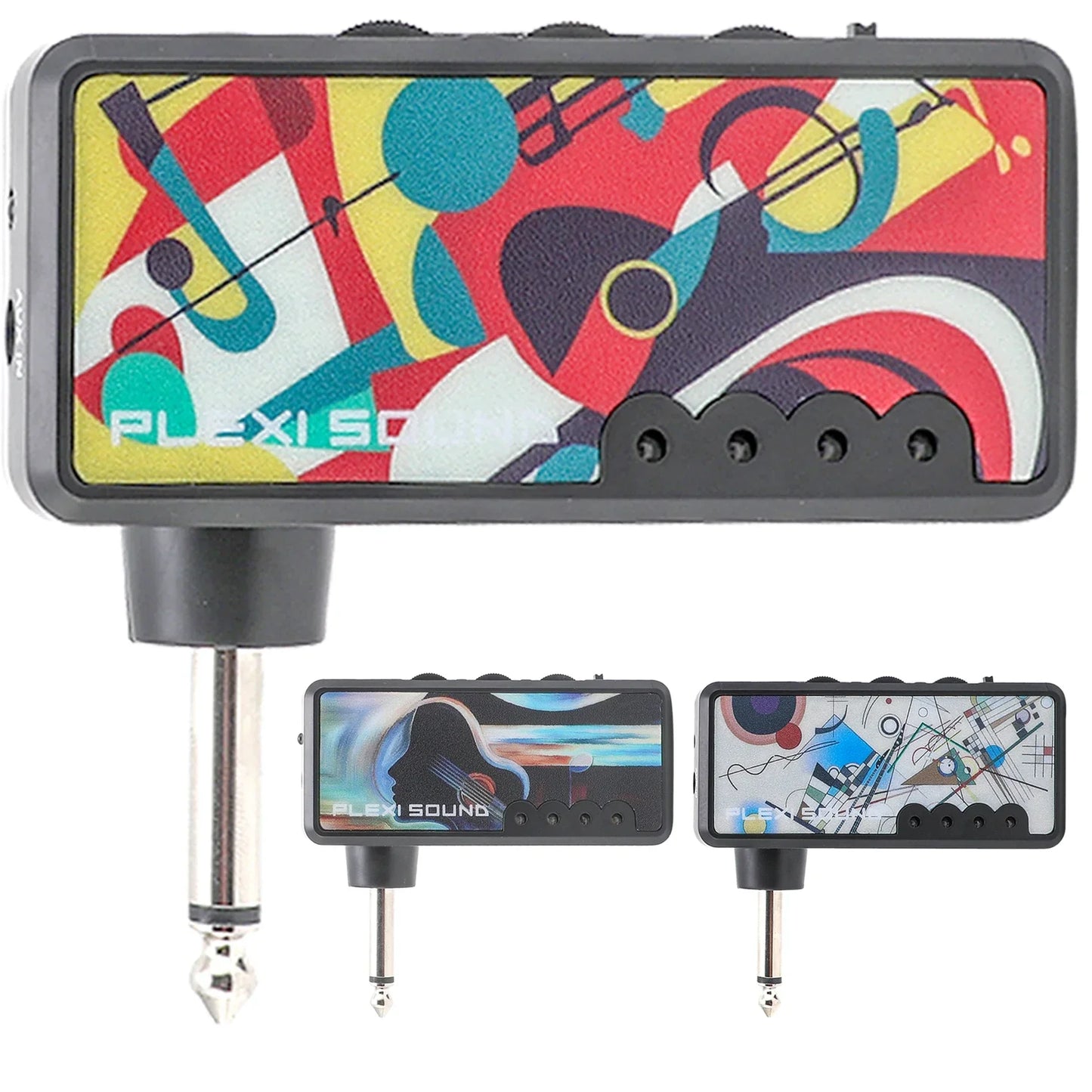 Electric guitar amplifier headphone amp with vibrant abstract flexi sound tuner black casing rechargeable battery mini