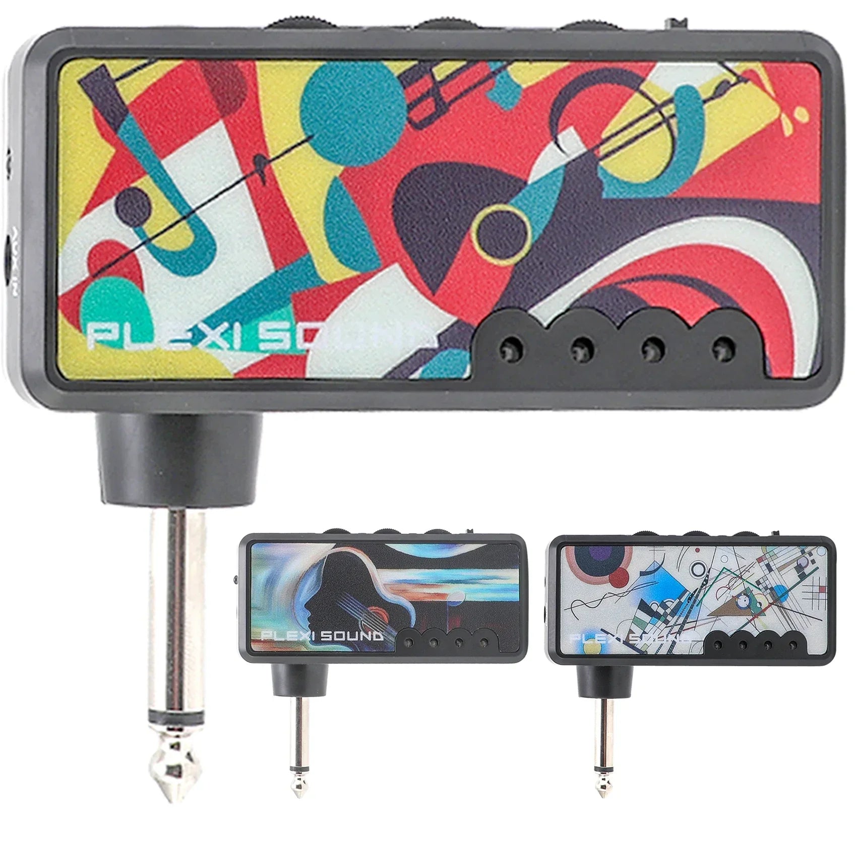 Electric guitar amplifier headphone amp with vibrant abstract flexi sound tuner black casing rechargeable battery mini