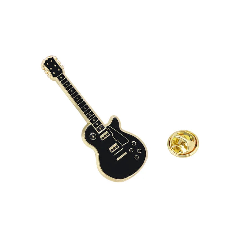 Black enamel electric guitar brooch with gold-tone metal edges and hardware for personalized and fashionable use