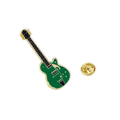 Green enamel electric guitar brooch with gold-tone hardware and black fretboard details for personalized fashion use