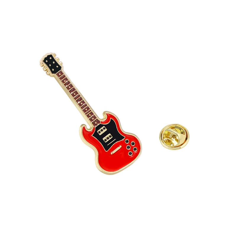 Red enamel electric guitar brooch with gold-tone hardware and black pickguard details for personalized fashion use