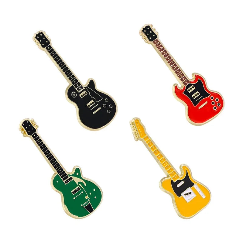 Four enamel electric guitar brooch pins in black red green and yellow with gold trim for personalized fashion use
