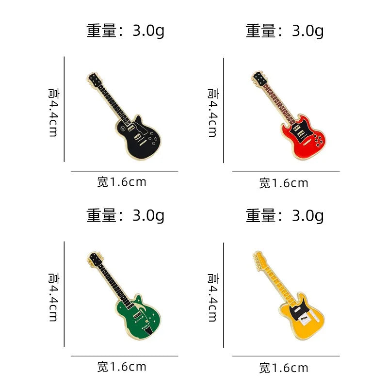 Four miniature electric guitar brooches with metallic gold edges in black red green and yellow for personalized fashion use