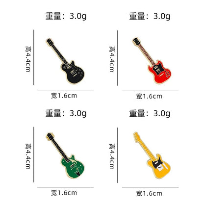 Four miniature electric guitar brooches with metallic gold edges in black red green and yellow for personalized fashion use
