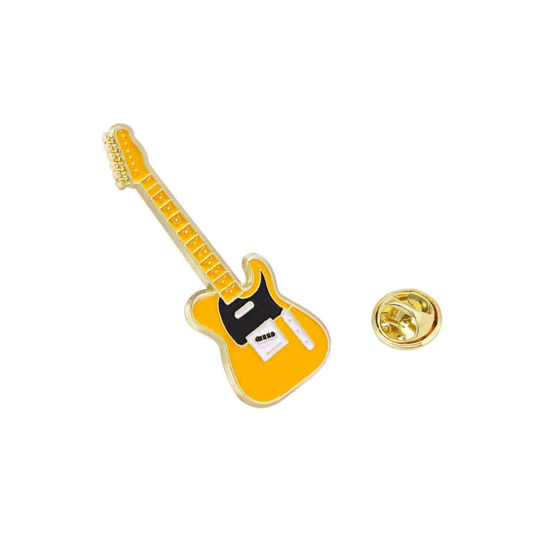 Bright yellow electric guitar brooch with black pickguard white knobs and gold metal clasp for personalized fashion use
