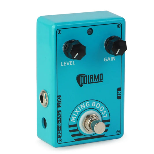 Turquoise-colored electric guitar effect boost pedal with black knobs and silver footswitch for d series distortion use