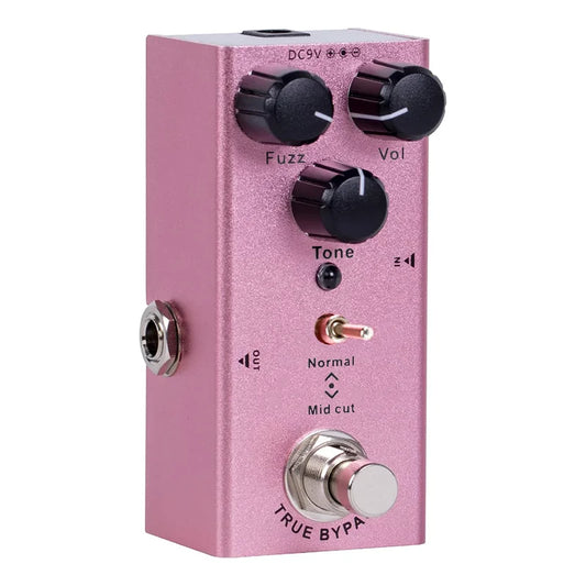 Pink metallic electric guitar effect pedal with control knobs overdrive fuzz vol tone and true bypass footswitch